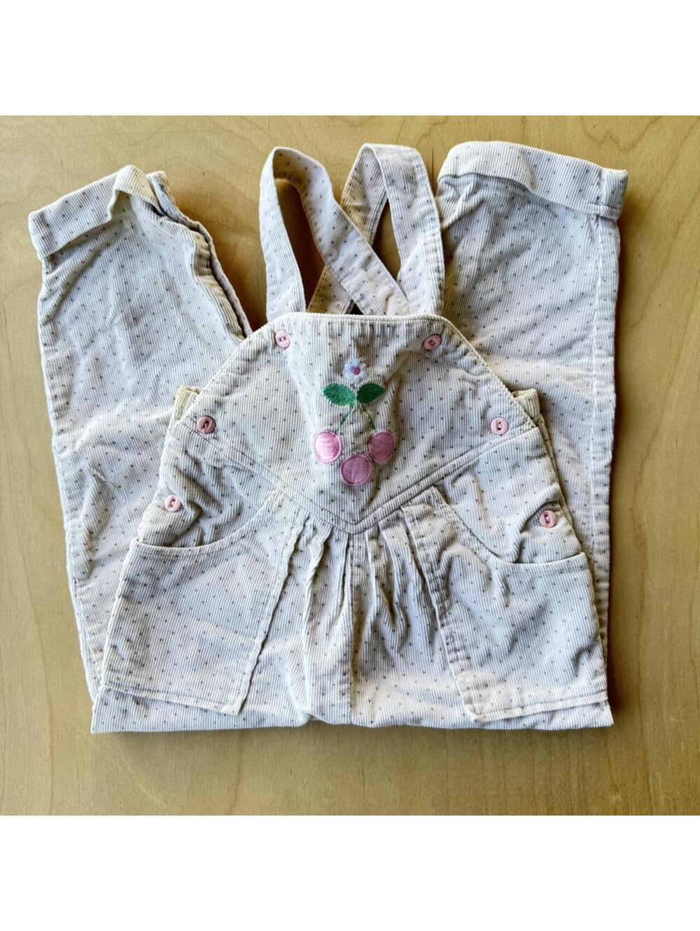 Cream polka dot baby vintage overalls with cherry embroidery Size: 24 months